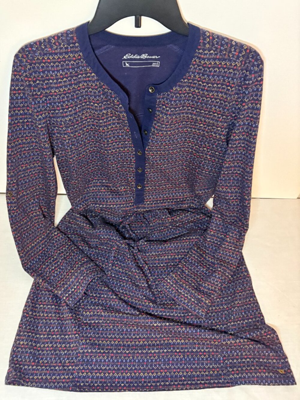 Eddie Bauer Blue Floral Button-Down Long Sleeve Draw String Midi Dress Size L
